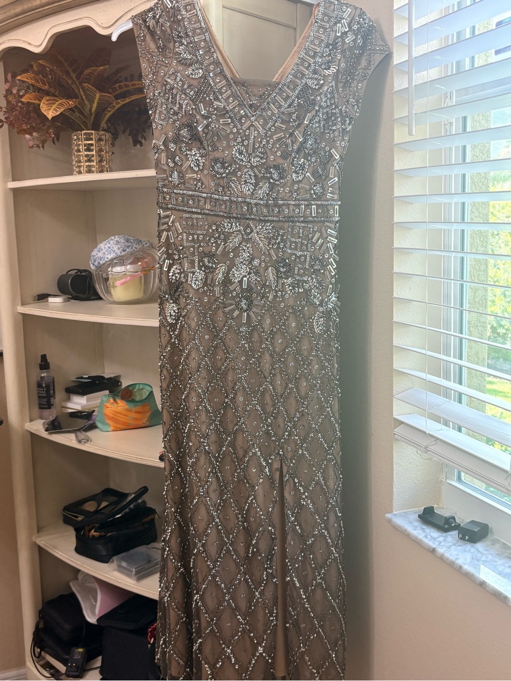 Adrianna Papell Taupe Beaded Evening Gown with Silver Embellishment